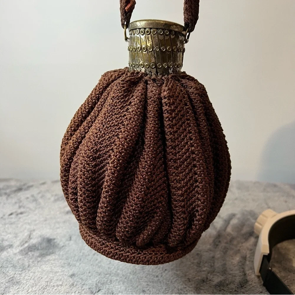 Victorian Brown Crochet Reticule Purse with Ornate Hinged Metal Lid